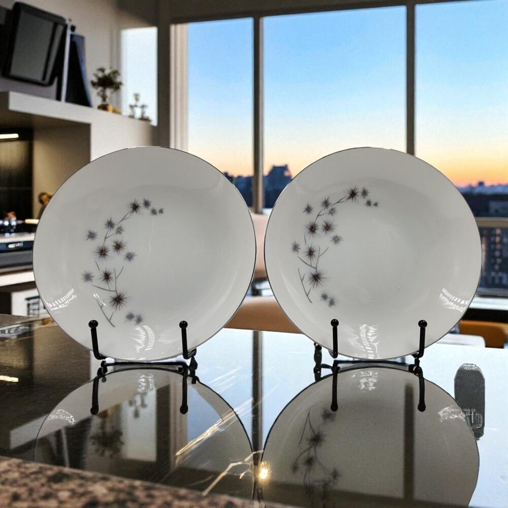 Creative Starburst Coupe Soup Bowls Silver Trim Atomic Gray 1950s Set of 2